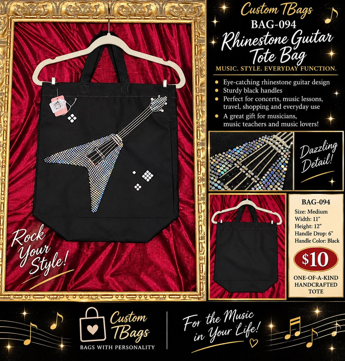 Rhinestone Guitar Medium Tote Bag | One-of-a-Kind Custom TBags - details and styling