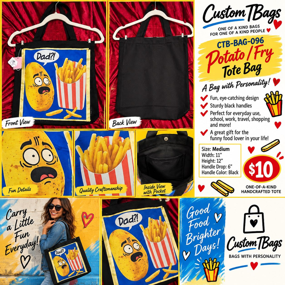 Potato Fry Medium Tote Bag | One-of-a-Kind Custom TBags - details and styling