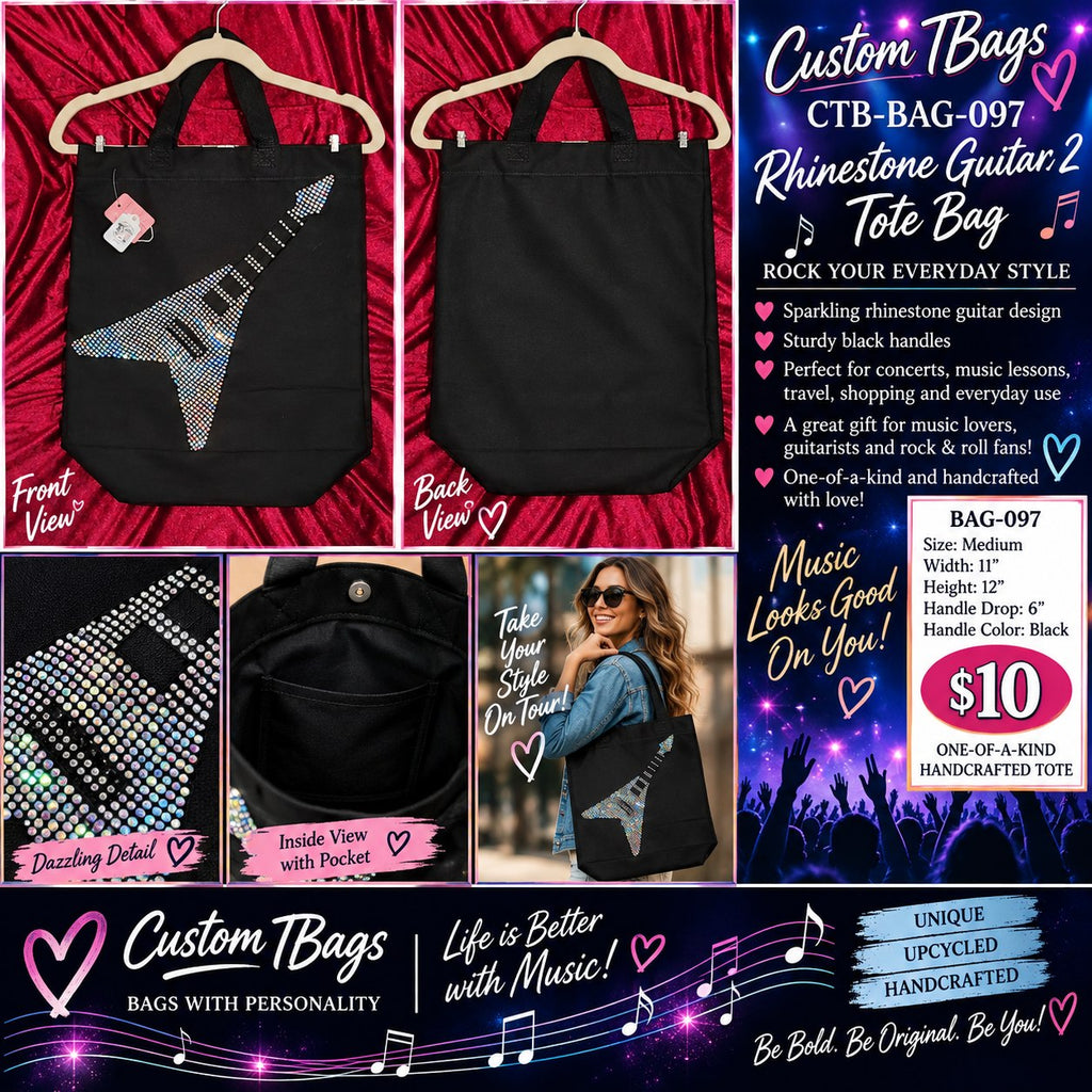 Rhinestone Guitar 2 Medium Tote Bag | One-of-a-Kind Custom TBags - details and styling