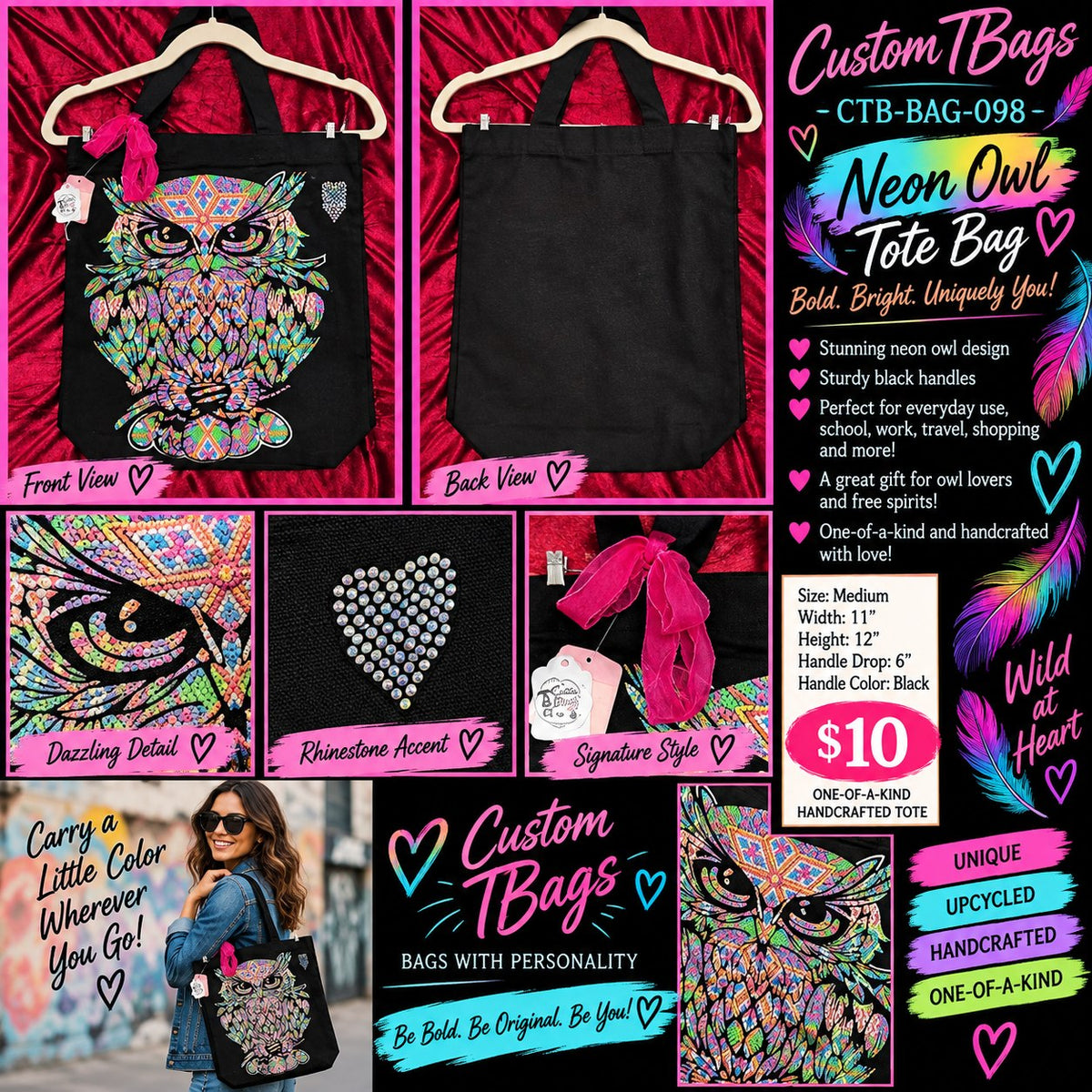 Neon Owl Medium Tote Bag | One-of-a-Kind Custom TBags - details and styling