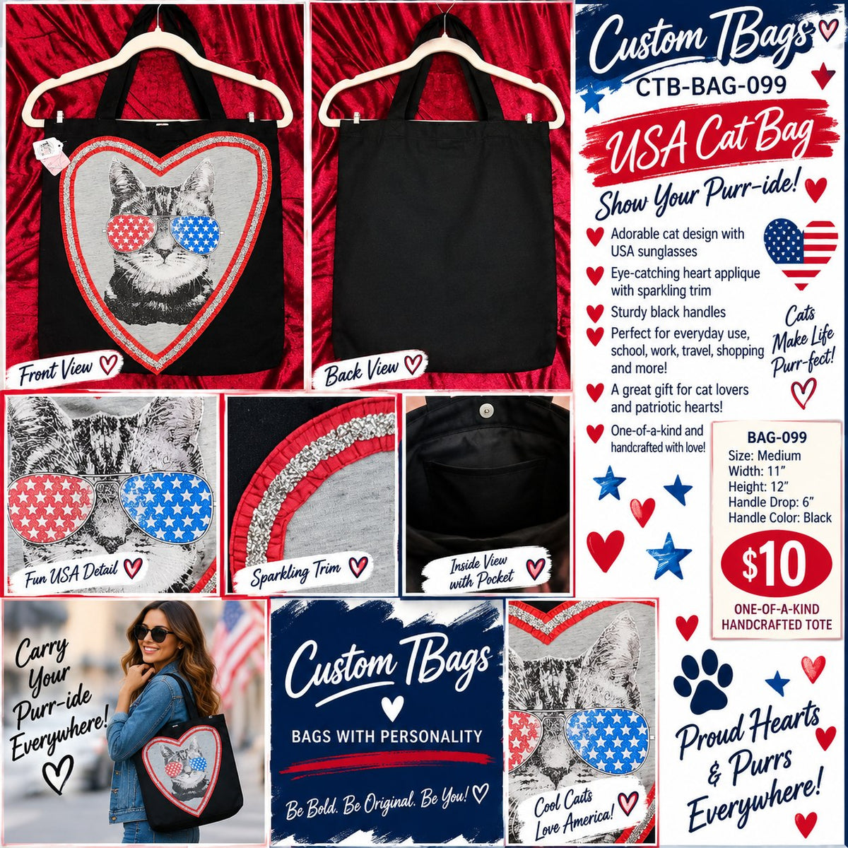 USA Cat Medium Tote Bag | One-of-a-Kind Custom TBags - details and styling