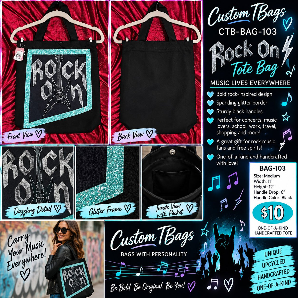 Rock On Medium Tote Bag | One-of-a-Kind Custom TBags - details and styling