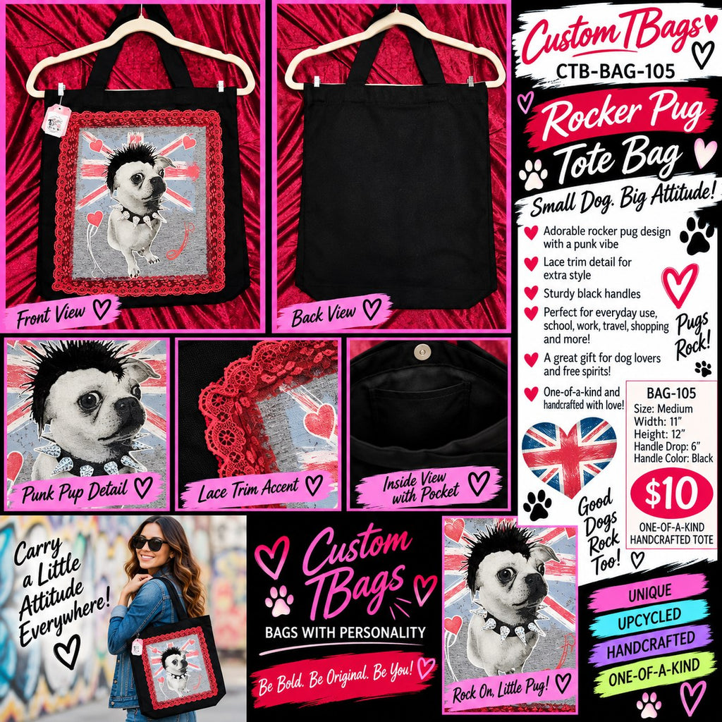 Rocker Pug Medium Tote Bag | One-of-a-Kind Custom TBags - details and styling
