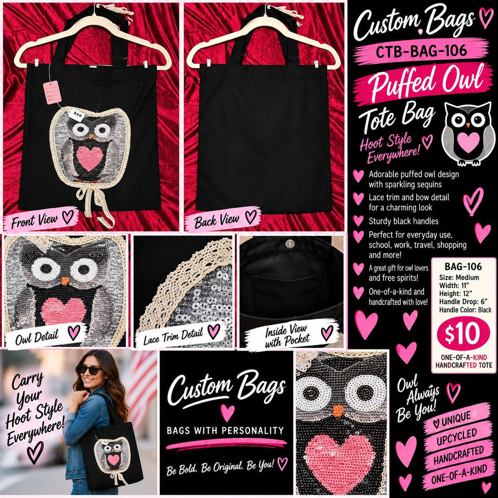 Puffed Owl Medium Tote Bag | One-of-a-Kind Custom TBags - details and styling