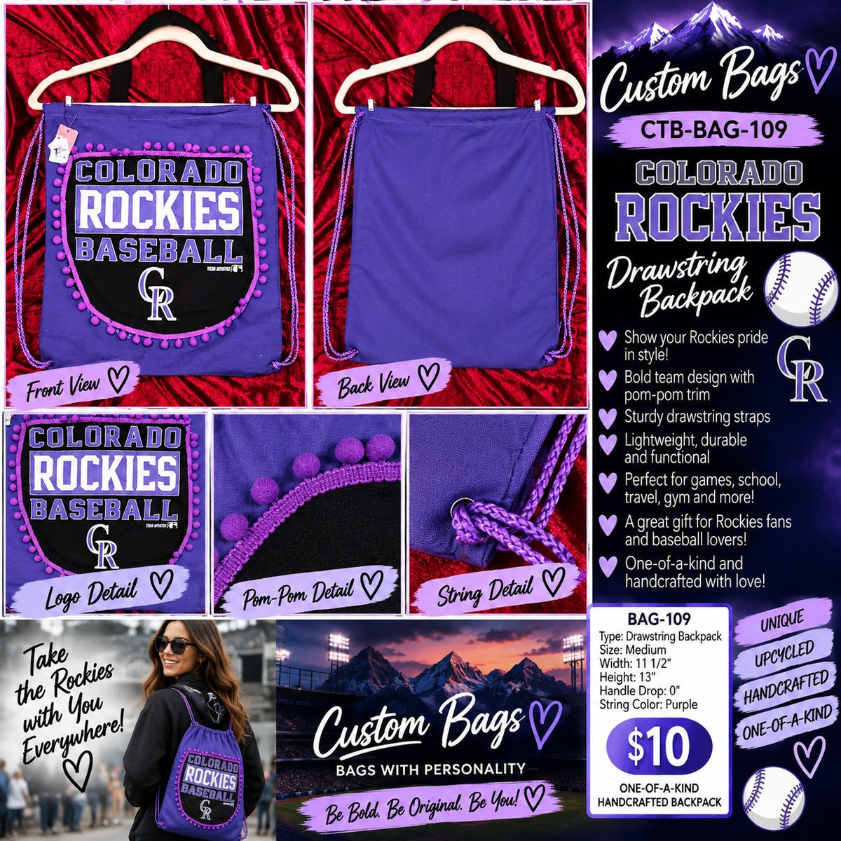 Colorado Rockies Medium Drawstring Backpack | One-of-a-Kind Custom TBags - details and styling