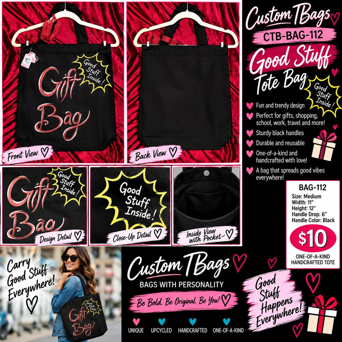 Good Stuff Medium Tote Bag | One-of-a-Kind Custom TBags - details and styling