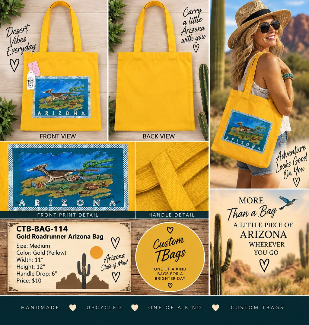 Gold Roadrunner Arizona Medium Tote Bag | One-of-a-Kind Custom TBags - details and styling