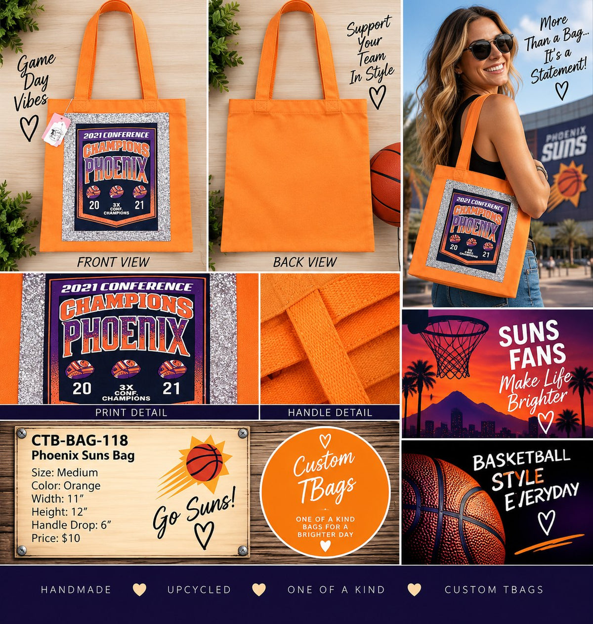 Phoenix Suns 2021 Champions Medium Tote Bag | One-of-a-Kind Custom TBags - details and styling