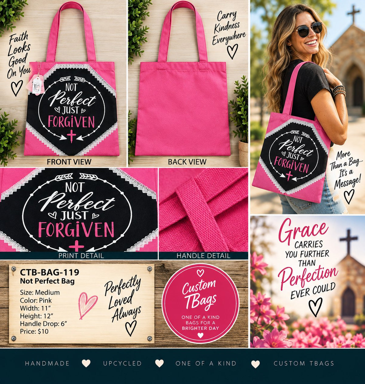 Not Perfect Just Forgiven Pink Medium Tote Bag | One-of-a-Kind Custom TBags - details and styling