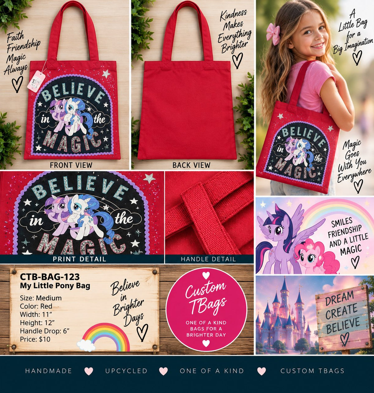 My Little Pony Believe in the Magic Red Medium Tote Bag | One-of-a-Kind Custom TBags - details and styling