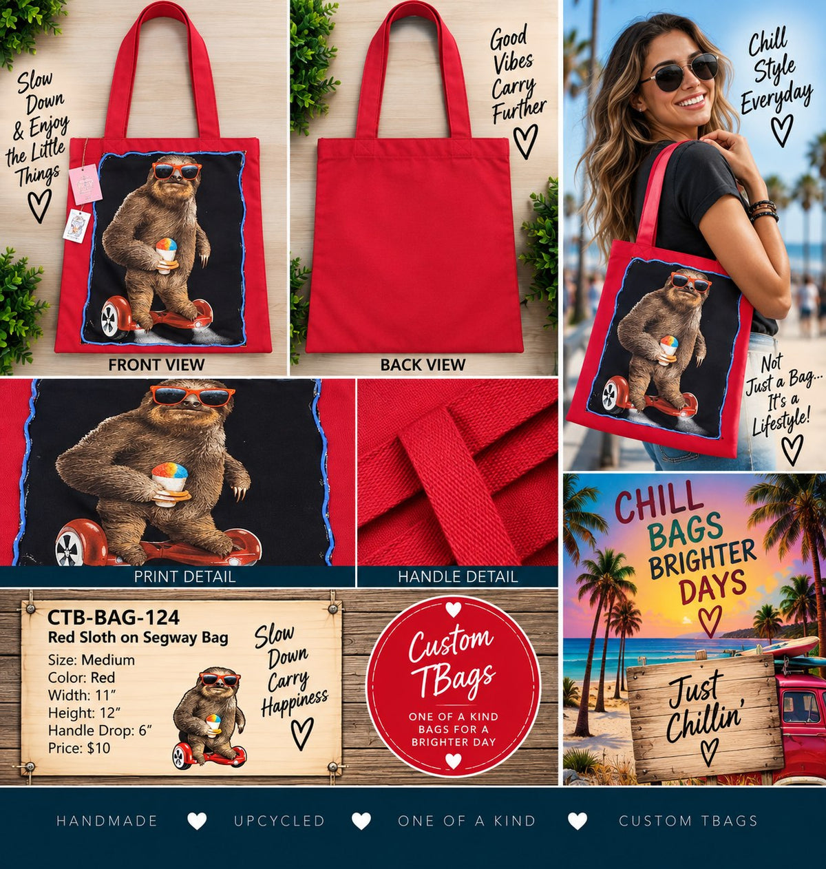Red Sloth on Hoverboard Medium Tote Bag | One-of-a-Kind Custom TBags - details and styling