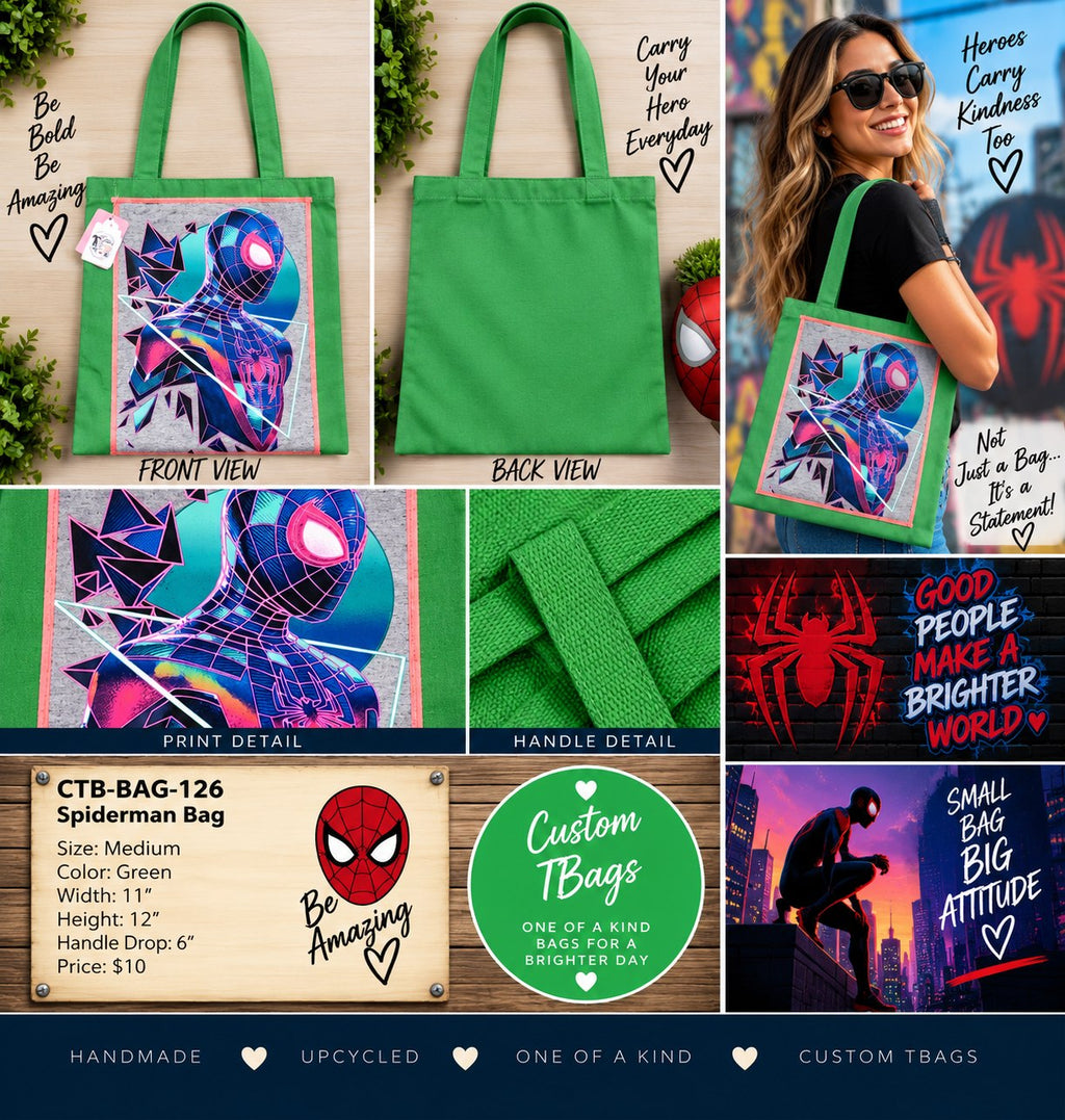 Spider-Man Green Medium Tote Bag | One-of-a-Kind Custom TBags - details and styling