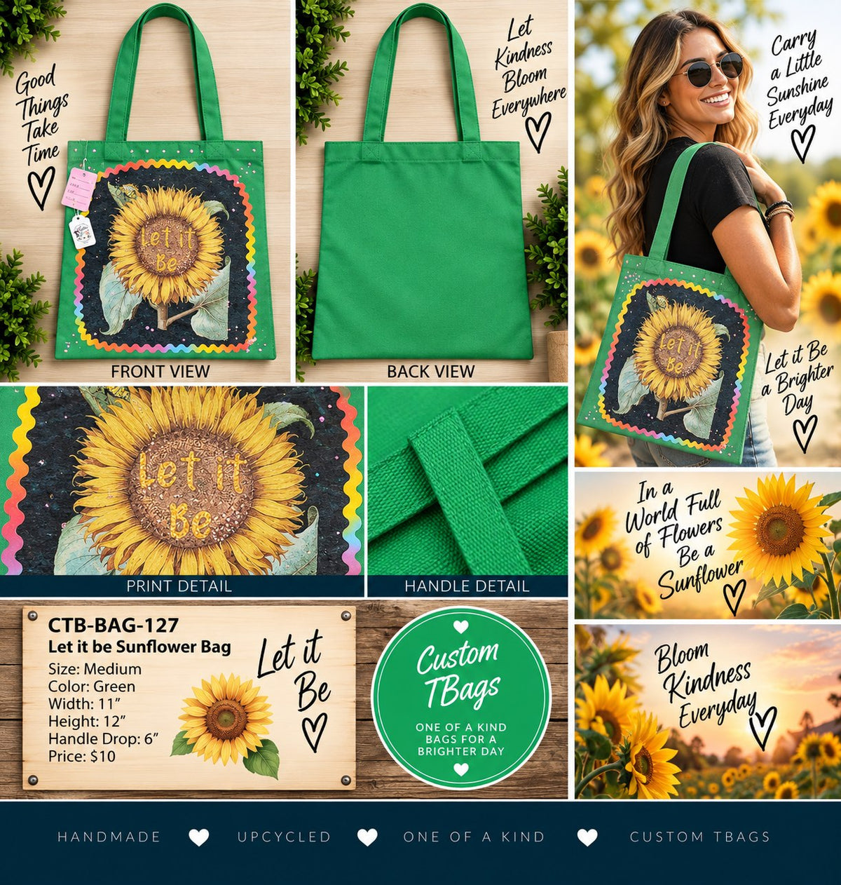 Let It Be Sunflower Green Medium Tote Bag | One-of-a-Kind Custom TBags - details and styling