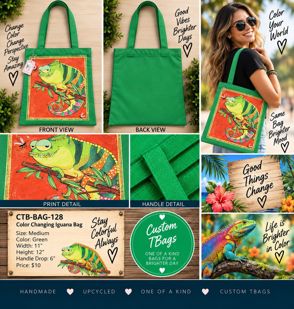 Color-Changing Iguana Green Medium Tote Bag | One-of-a-Kind Custom TBags - details and styling
