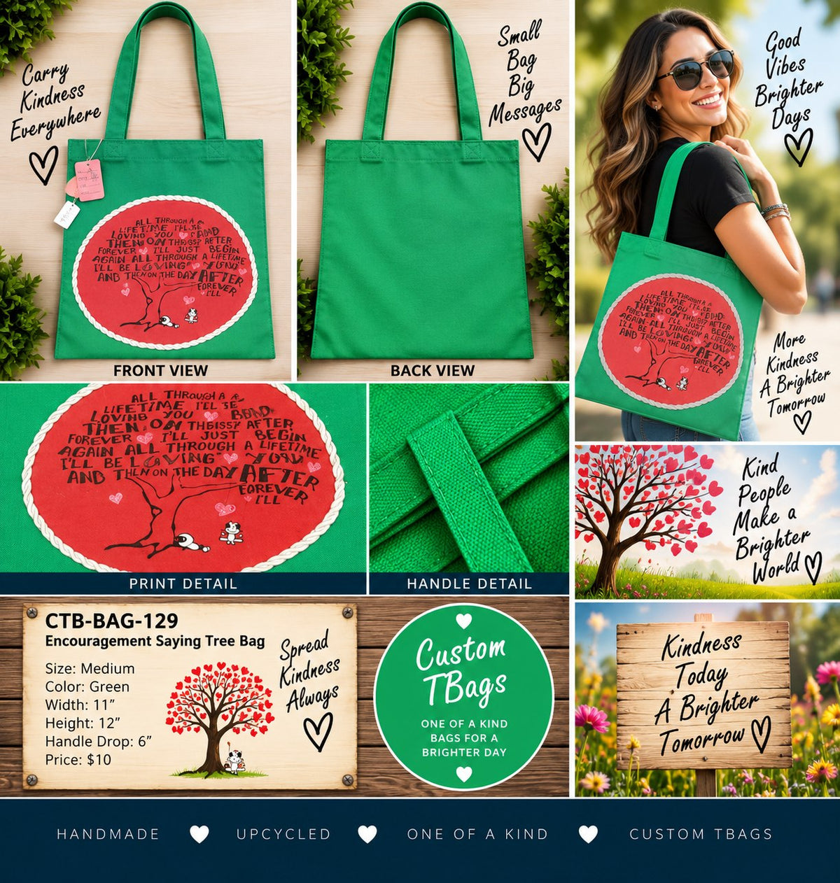Encouragement Saying Tree Green Medium Tote Bag | One-of-a-Kind Custom TBags - details and styling