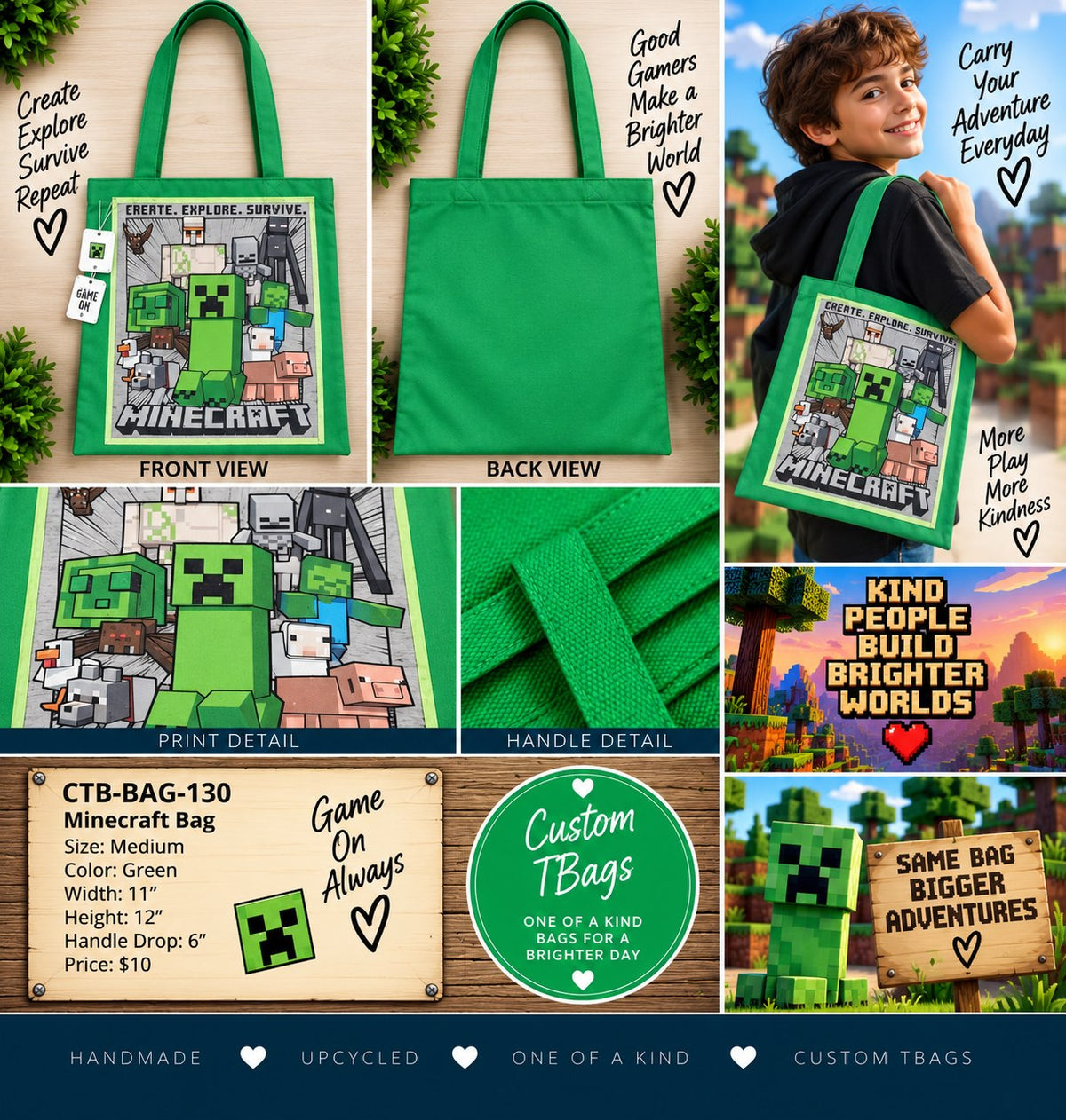 Minecraft Green Medium Tote Bag | One-of-a-Kind Custom TBags - details and styling