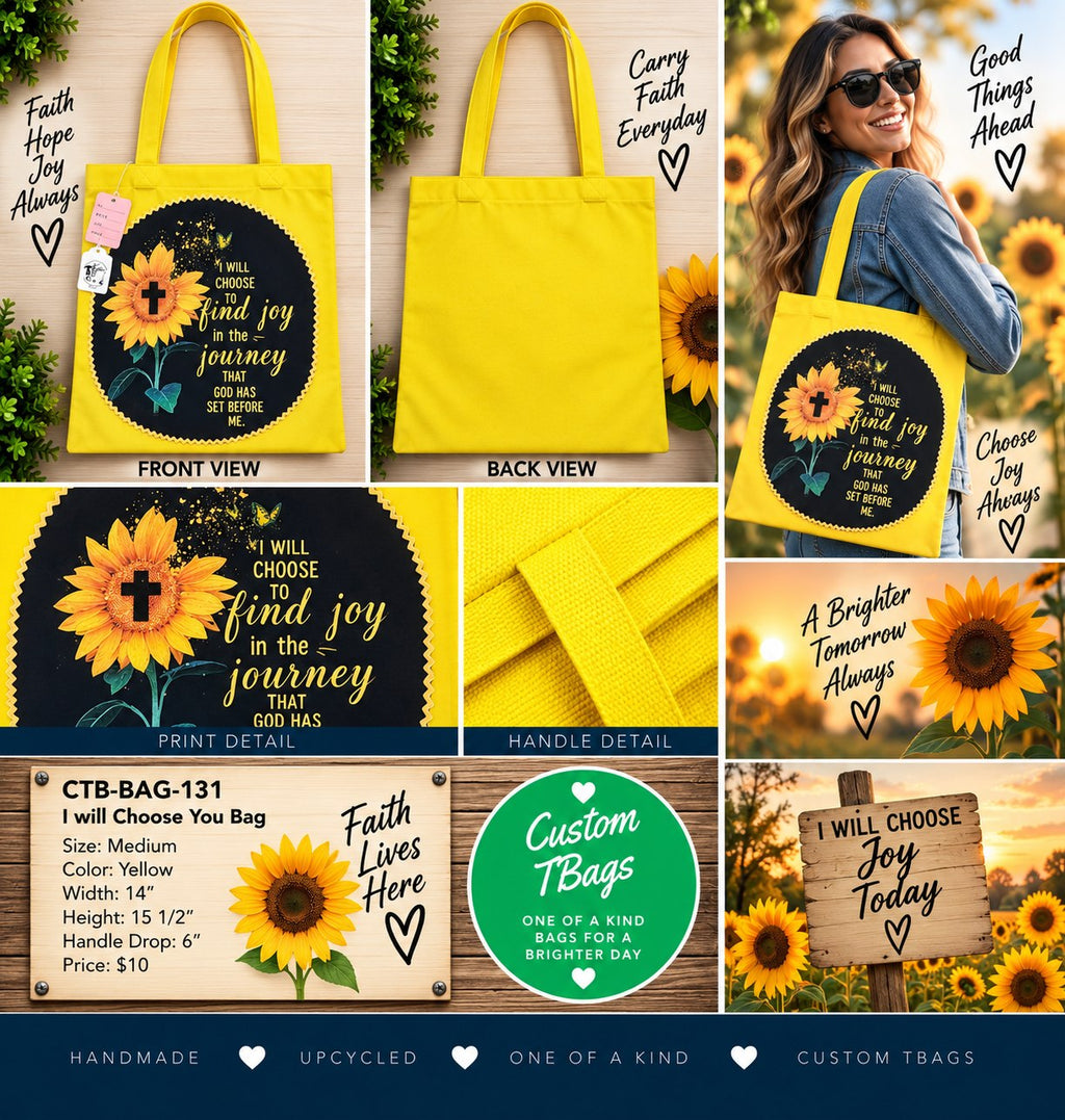 Choose Joy in the Journey Yellow Medium Tote Bag | One-of-a-Kind Custom TBags - details and styling