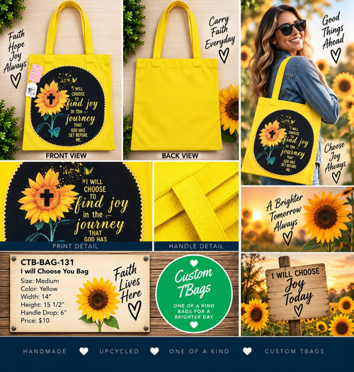 Choose Joy in the Journey Yellow Medium Tote Bag | One-of-a-Kind Custom TBags - details and styling