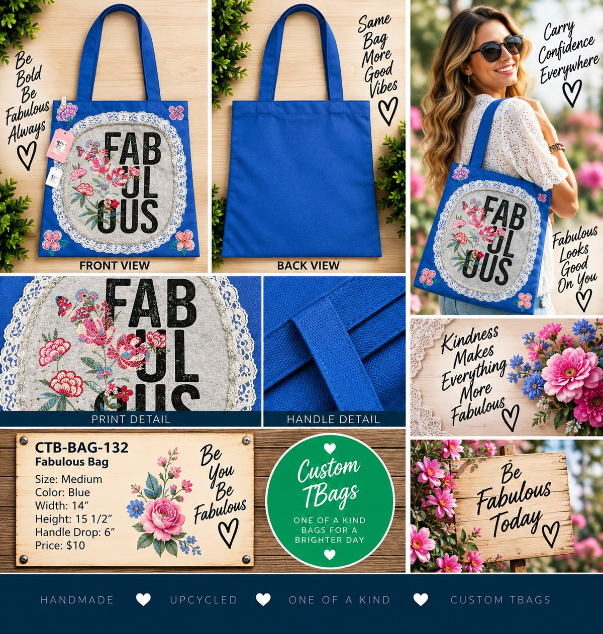 Fabulous Blue Medium Tote Bag | One-of-a-Kind Custom TBags - details and styling