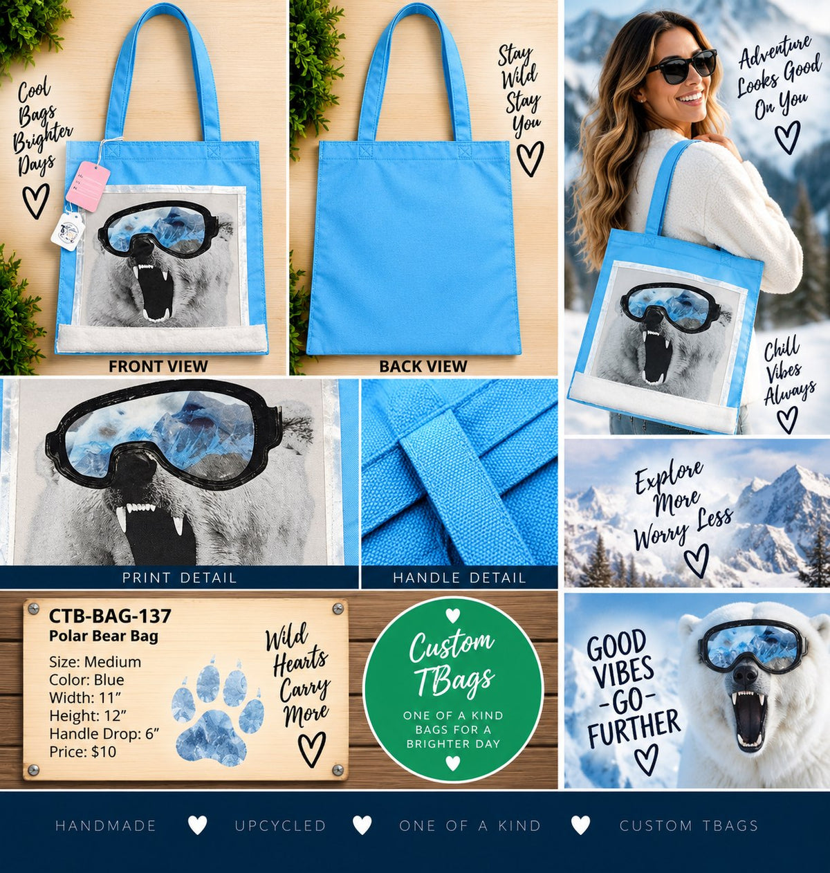 Polar Bear Goggles Blue Medium Tote Bag | One-of-a-Kind Custom TBags - details and styling