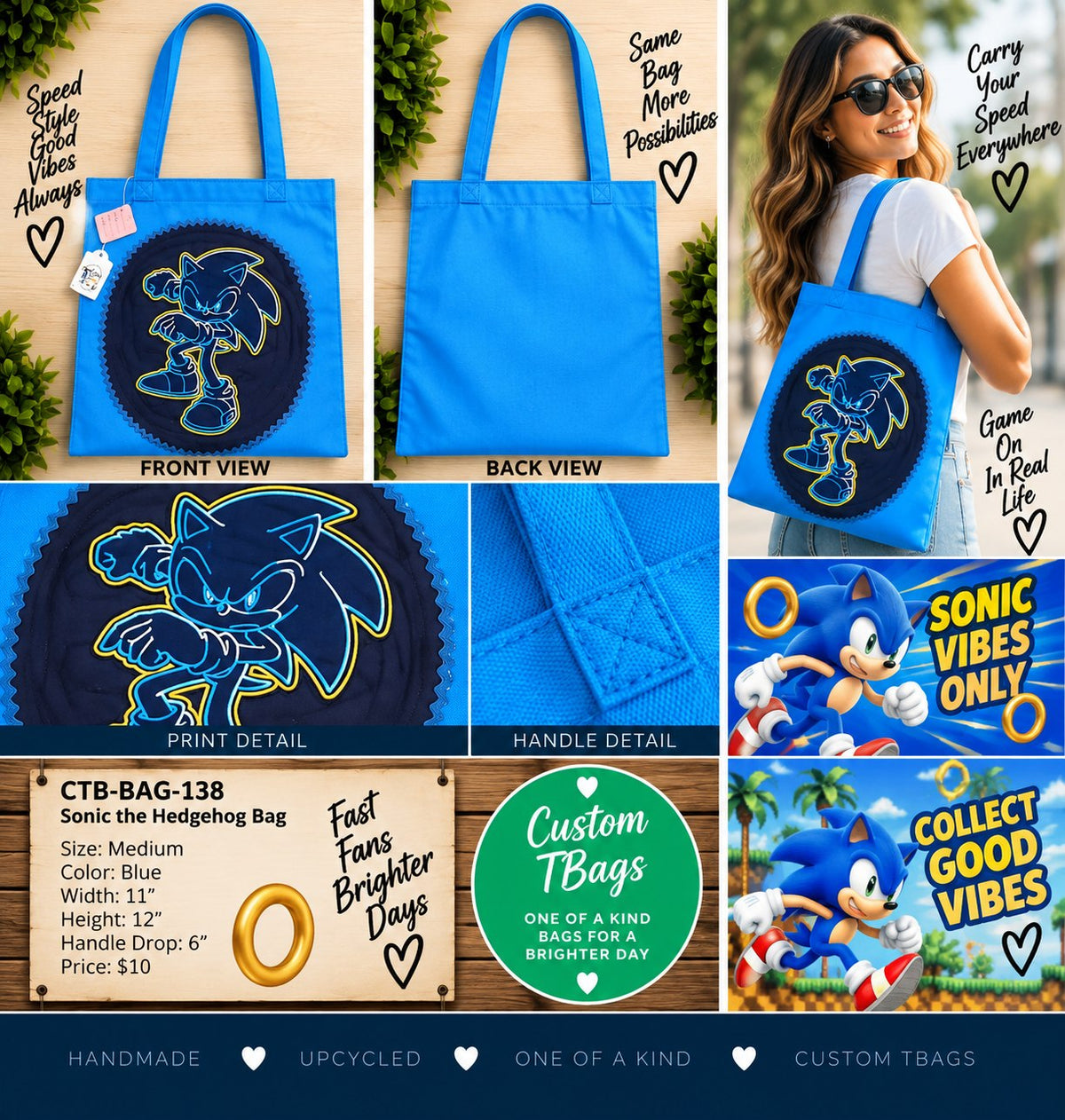 Sonic the Hedgehog Blue Medium Tote Bag | One-of-a-Kind Custom TBags - details and styling