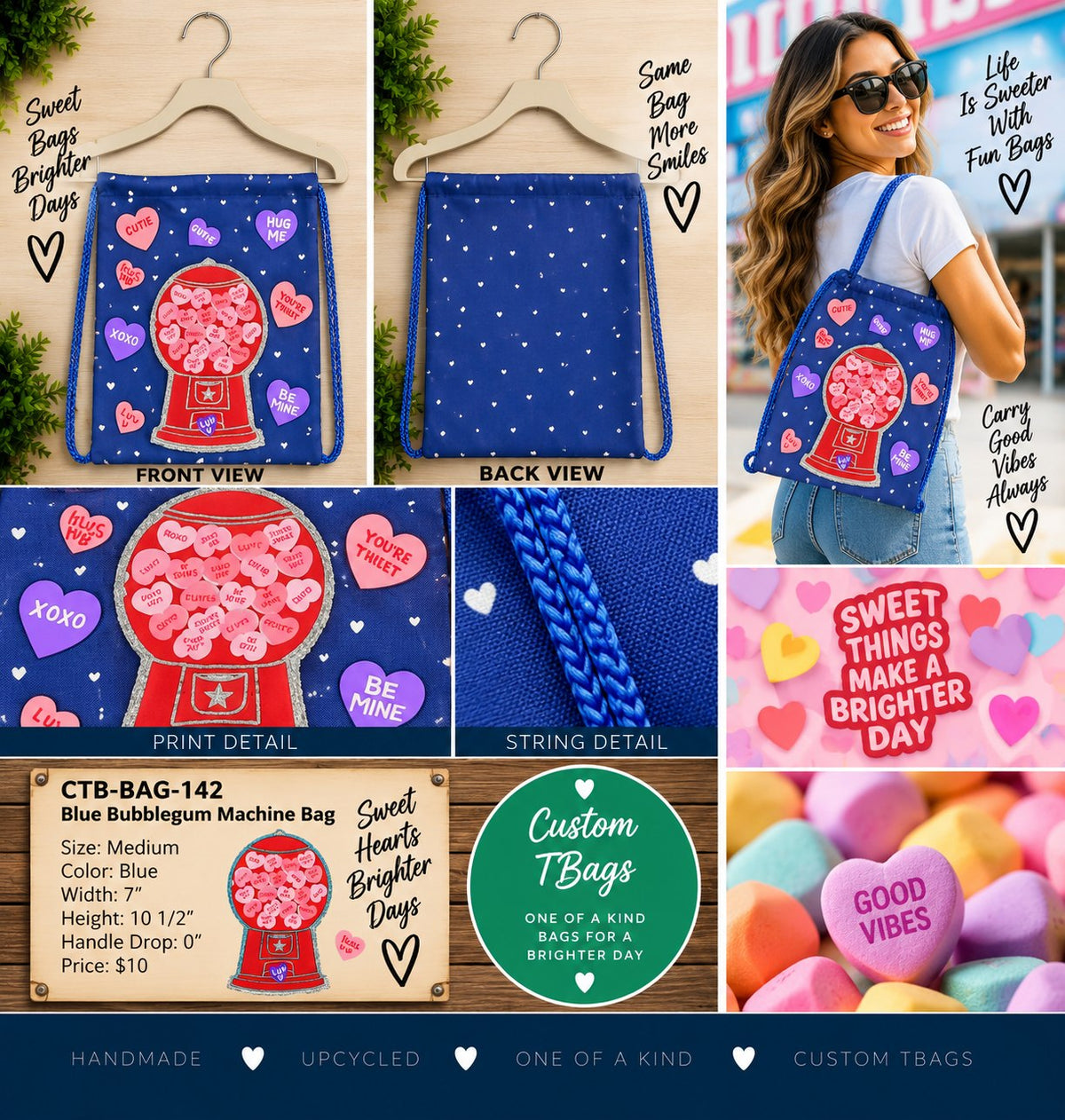 Blue Bubblegum Machine Drawstring Backpack | One-of-a-Kind Custom TBags - details and styling