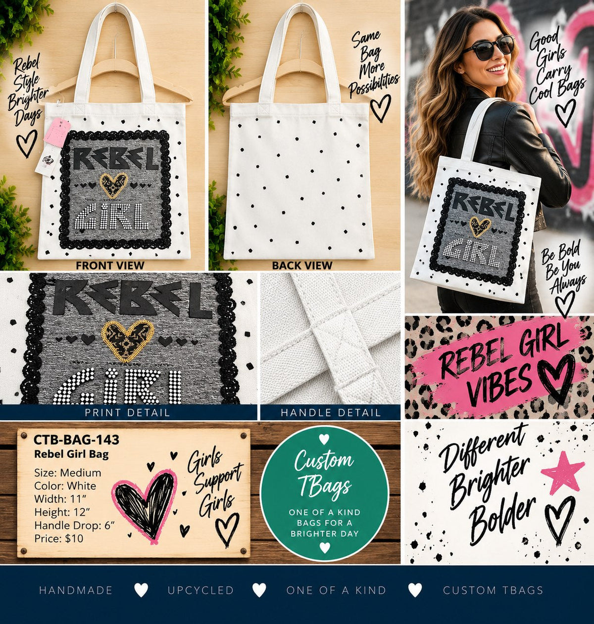 Rebel Girl White Medium Tote Bag | One-of-a-Kind Custom TBags - details and styling