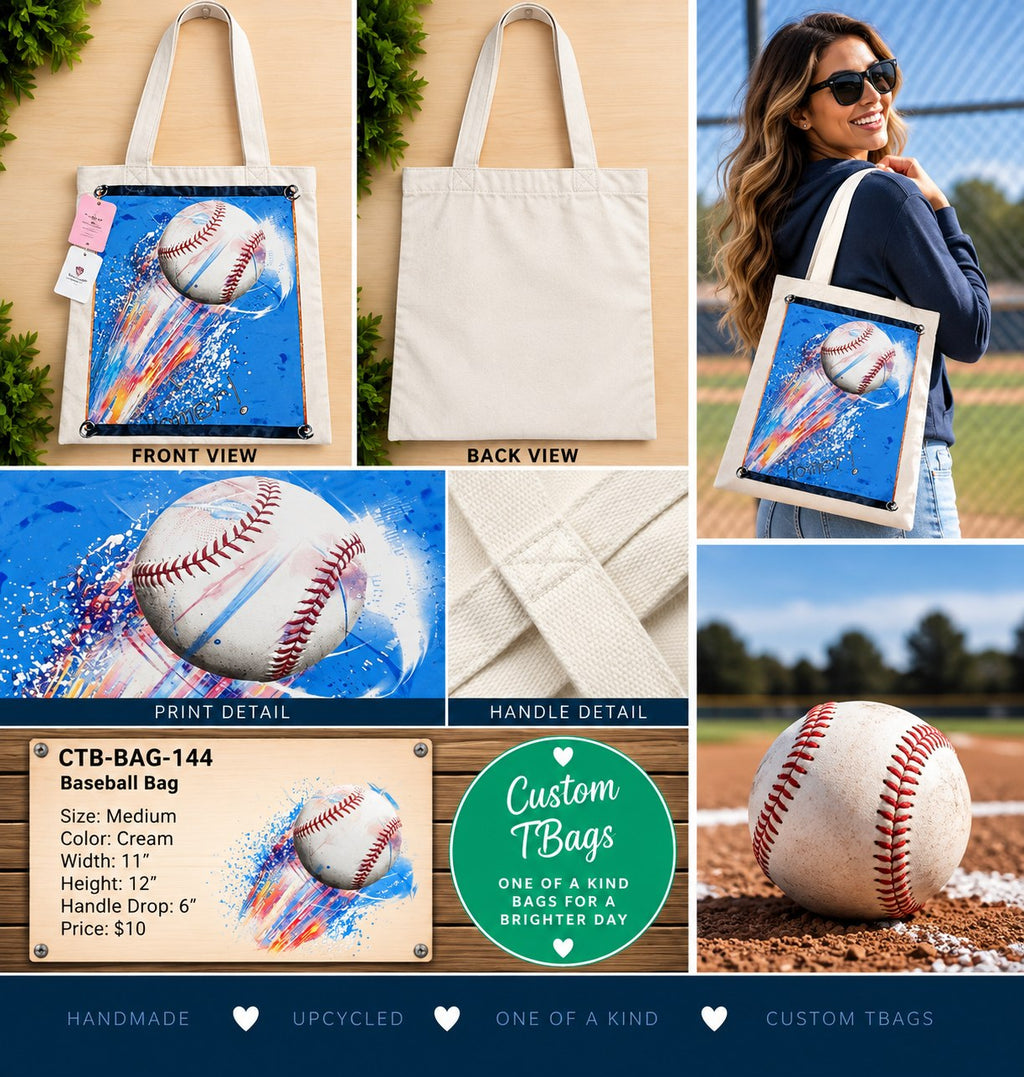 Baseball Cream Medium Tote Bag | One-of-a-Kind Custom TBags - details and styling