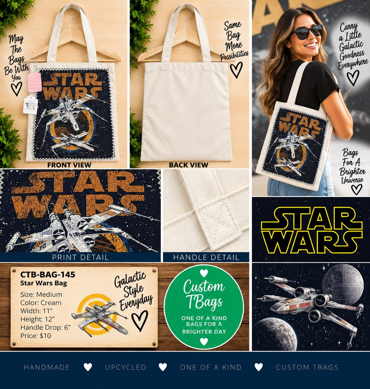 Star Wars X-Wing Cream Medium Tote Bag | One-of-a-Kind Custom TBags - details and styling