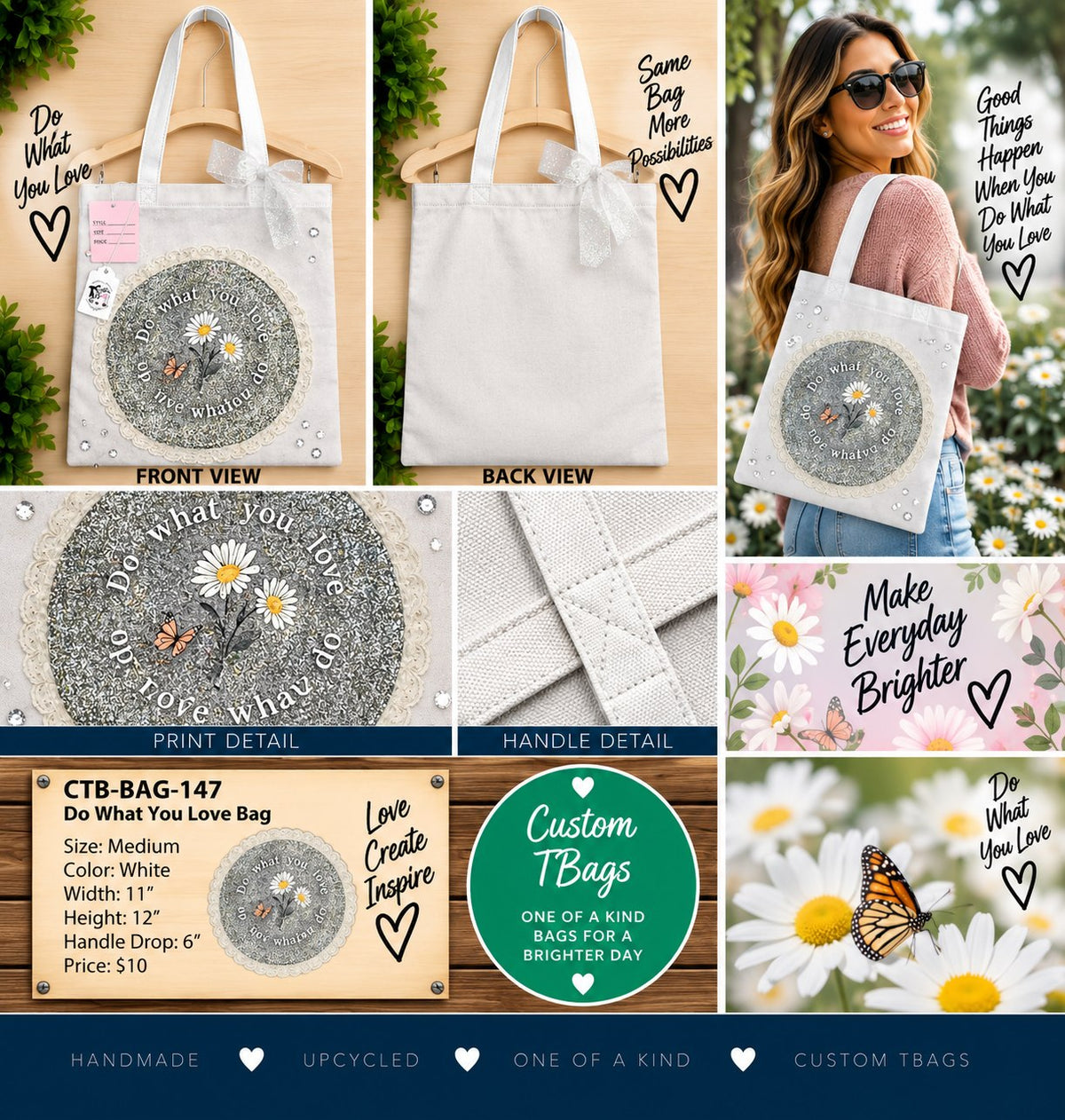 Do What You Love White Medium Tote Bag | One-of-a-Kind Custom TBags - details and styling