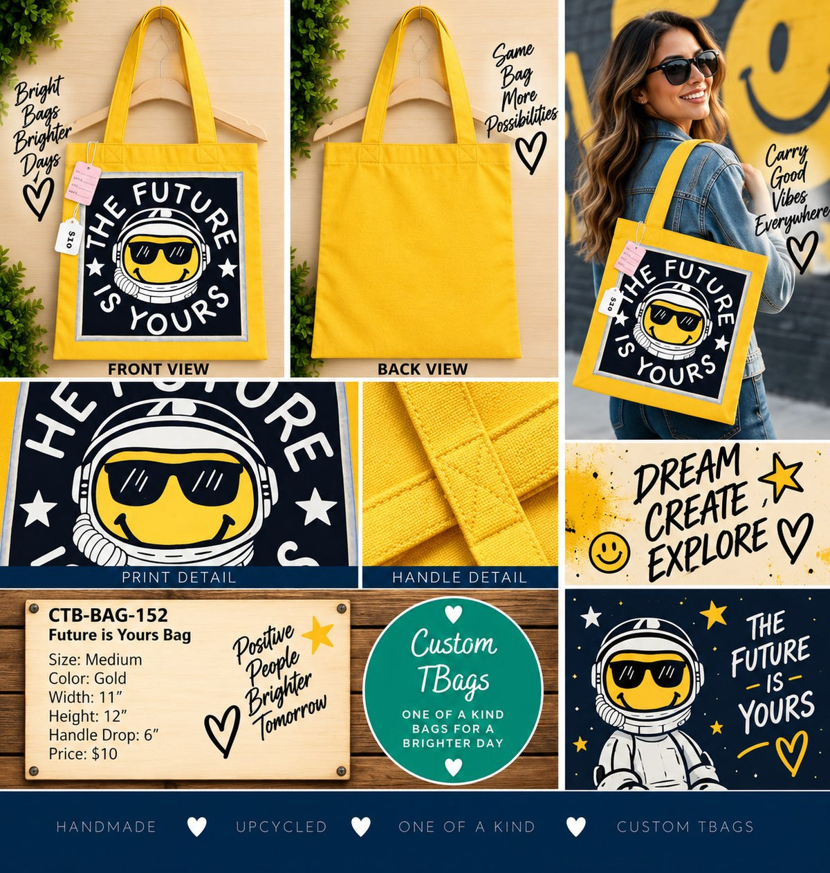 Future Is Yours Gold Medium Tote Bag | One-of-a-Kind Custom TBags - details and styling