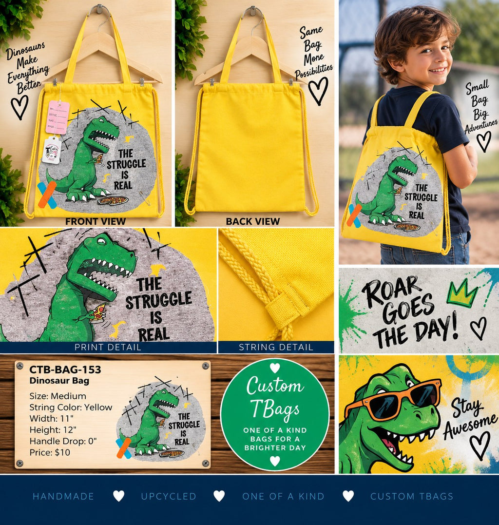 Dinosaur Struggle Is Real Yellow Drawstring Backpack | One-of-a-Kind Custom TBags - details and styling