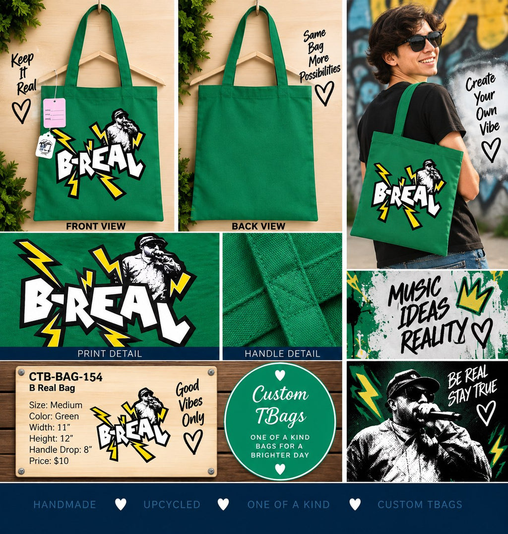 B Real Green Medium Tote Bag | One-of-a-Kind Custom TBags - details and styling