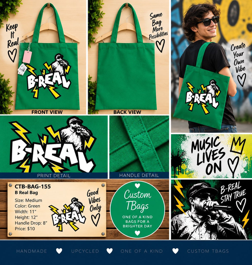 B Real Green Medium Tote Bag | One-of-a-Kind Custom TBags - details and styling