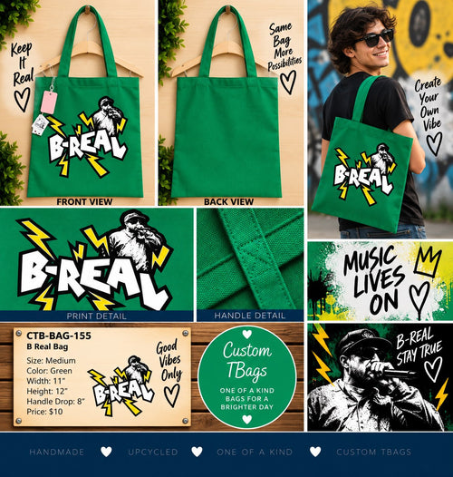 B Real Green Medium Tote Bag | One-of-a-Kind Custom TBags - details and styling