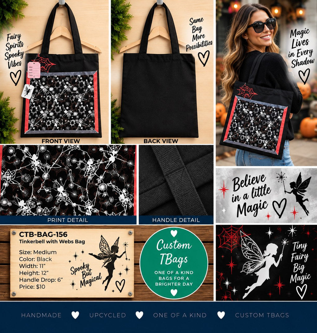 Tinkerbell with Webs Black Medium Tote Bag | One-of-a-Kind Custom TBags - details and styling