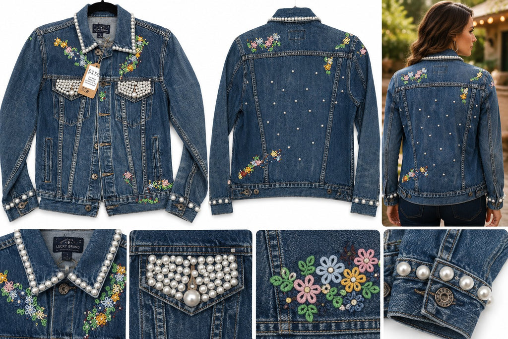 One-of-a-Kind Pearl & Wildflower Upcycled Denim Jacket – Women’s Small — styled image