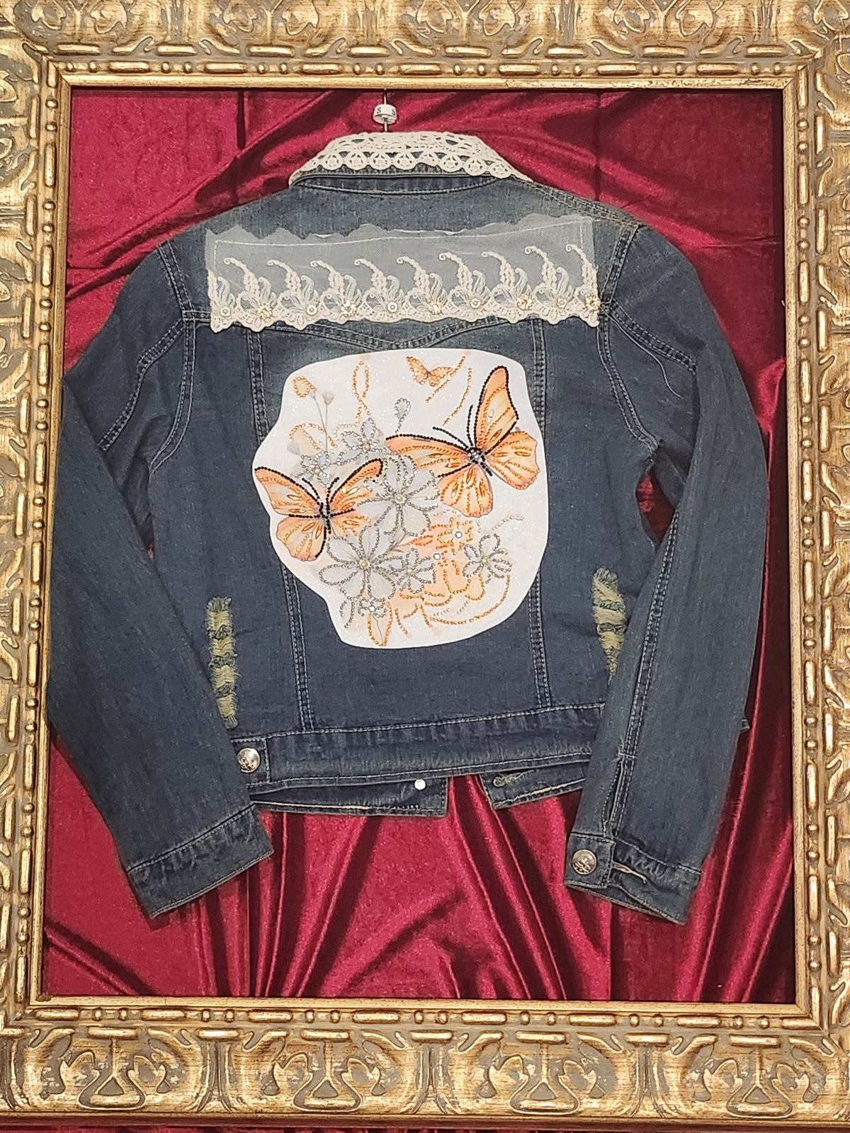 One-of-a-Kind Orange Butterfly & Lace Upcycled Denim Jacket – Women’s Small — additional view