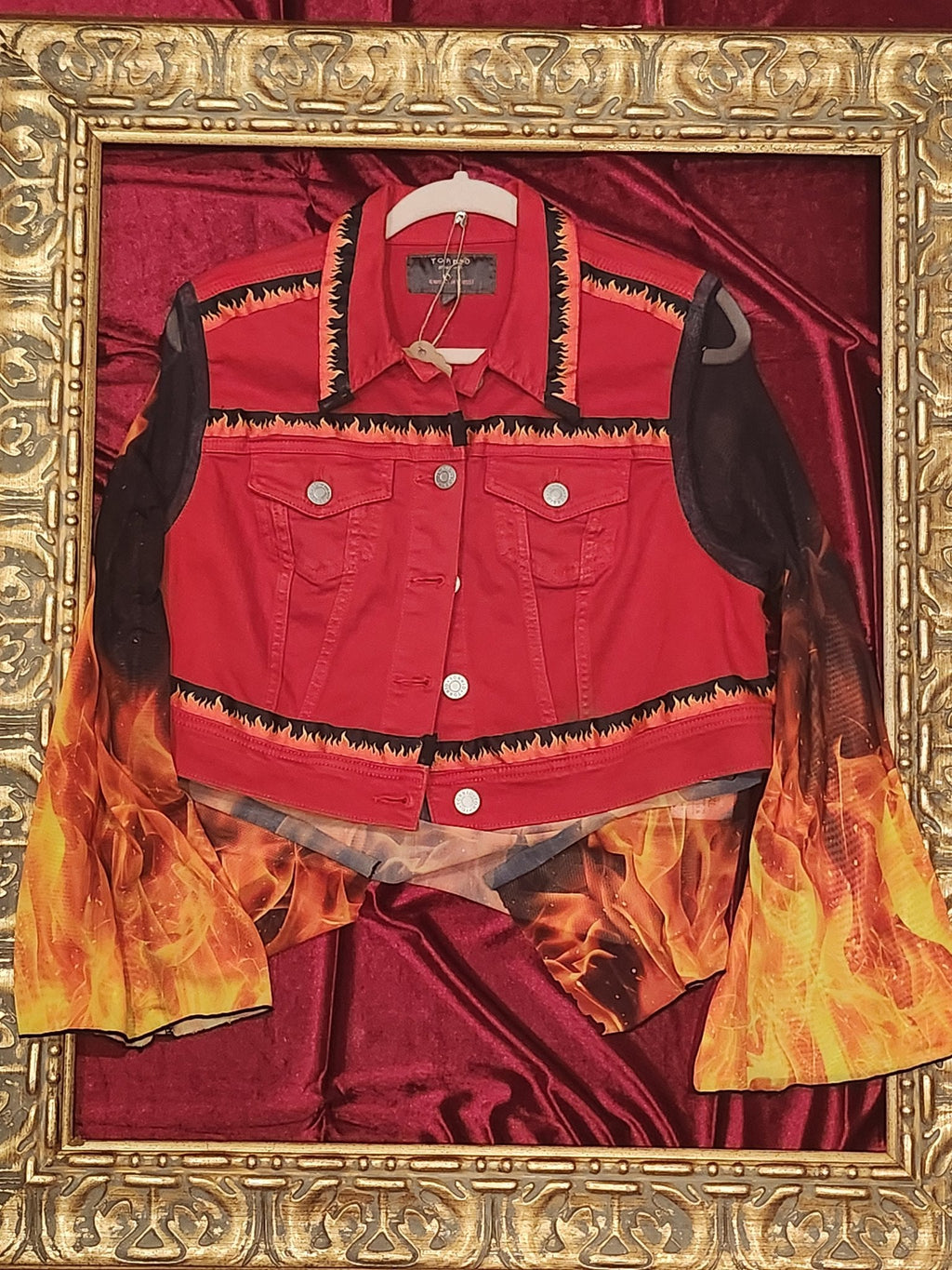 One-of-a-Kind Red Rocker Denim Jacket with Flame Mesh Sleeves – Women’s Small