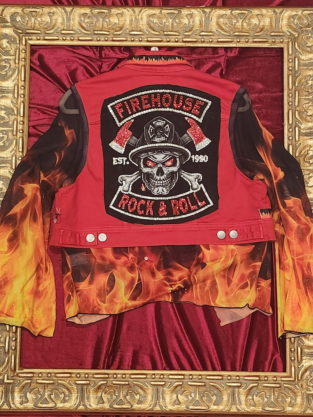 One-of-a-Kind Red Rocker Denim Jacket with Flame Mesh Sleeves – Women’s Small — additional view