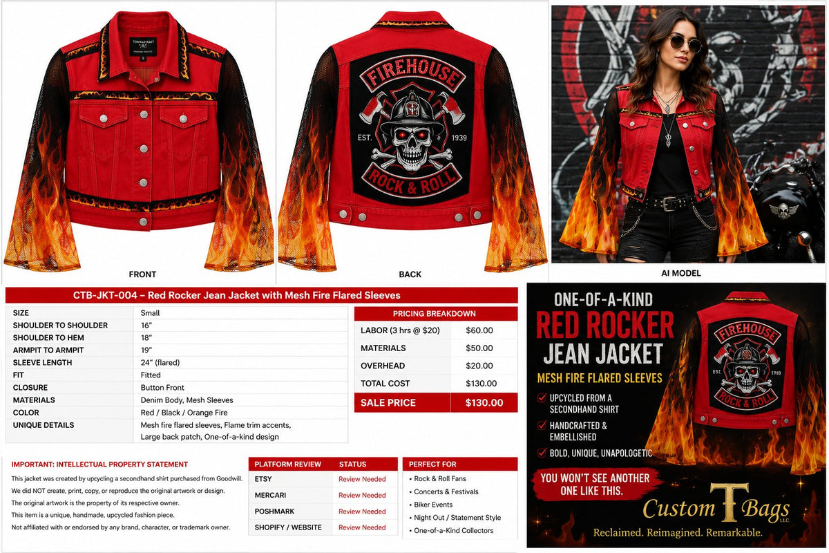 One-of-a-Kind Red Rocker Denim Jacket with Flame Mesh Sleeves – Women’s Small — styled image