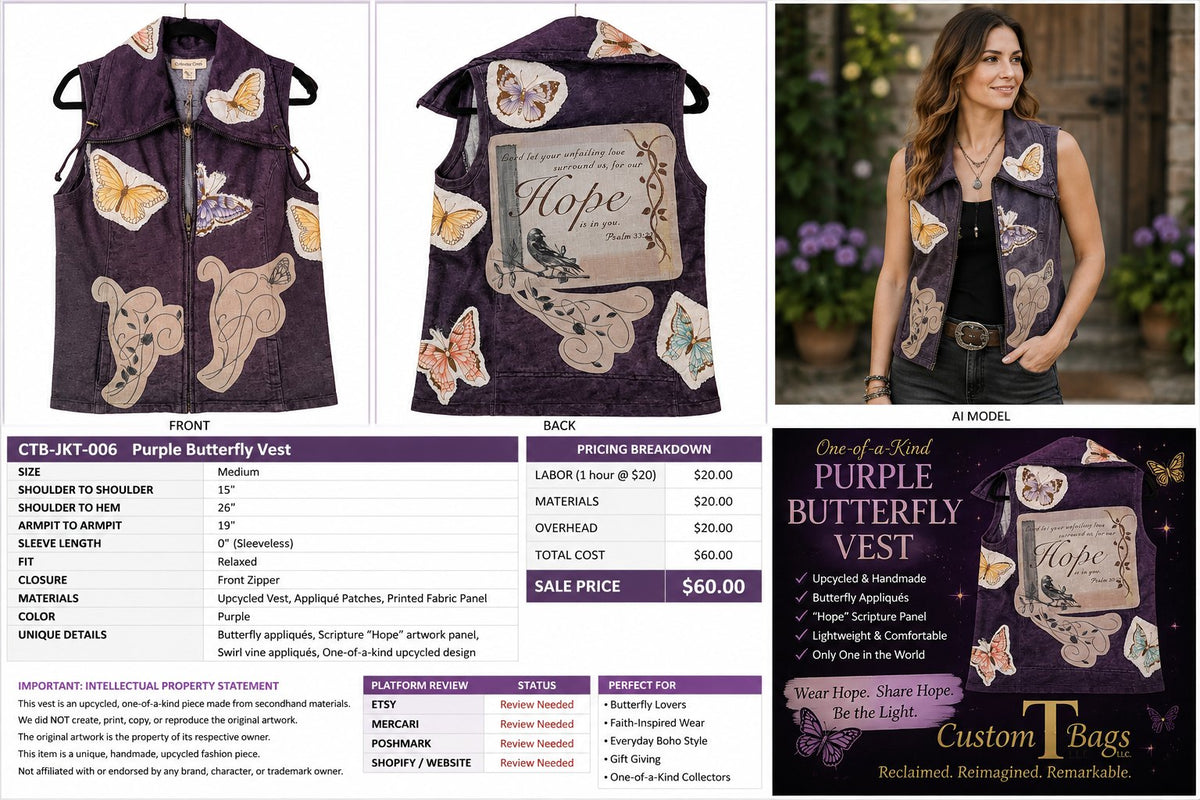 One-of-a-Kind Purple Butterfly & Hope Upcycled Vest – Women’s Medium — styled image