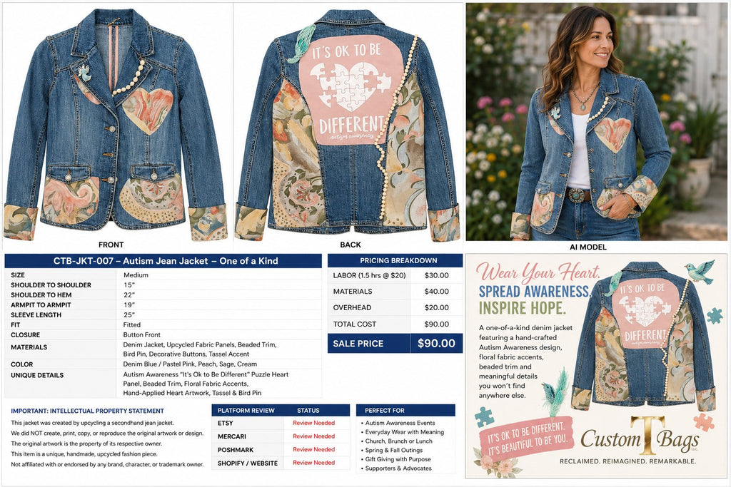 One-of-a-Kind Autism Awareness Upcycled Denim Jacket – Women’s Medium — styled image