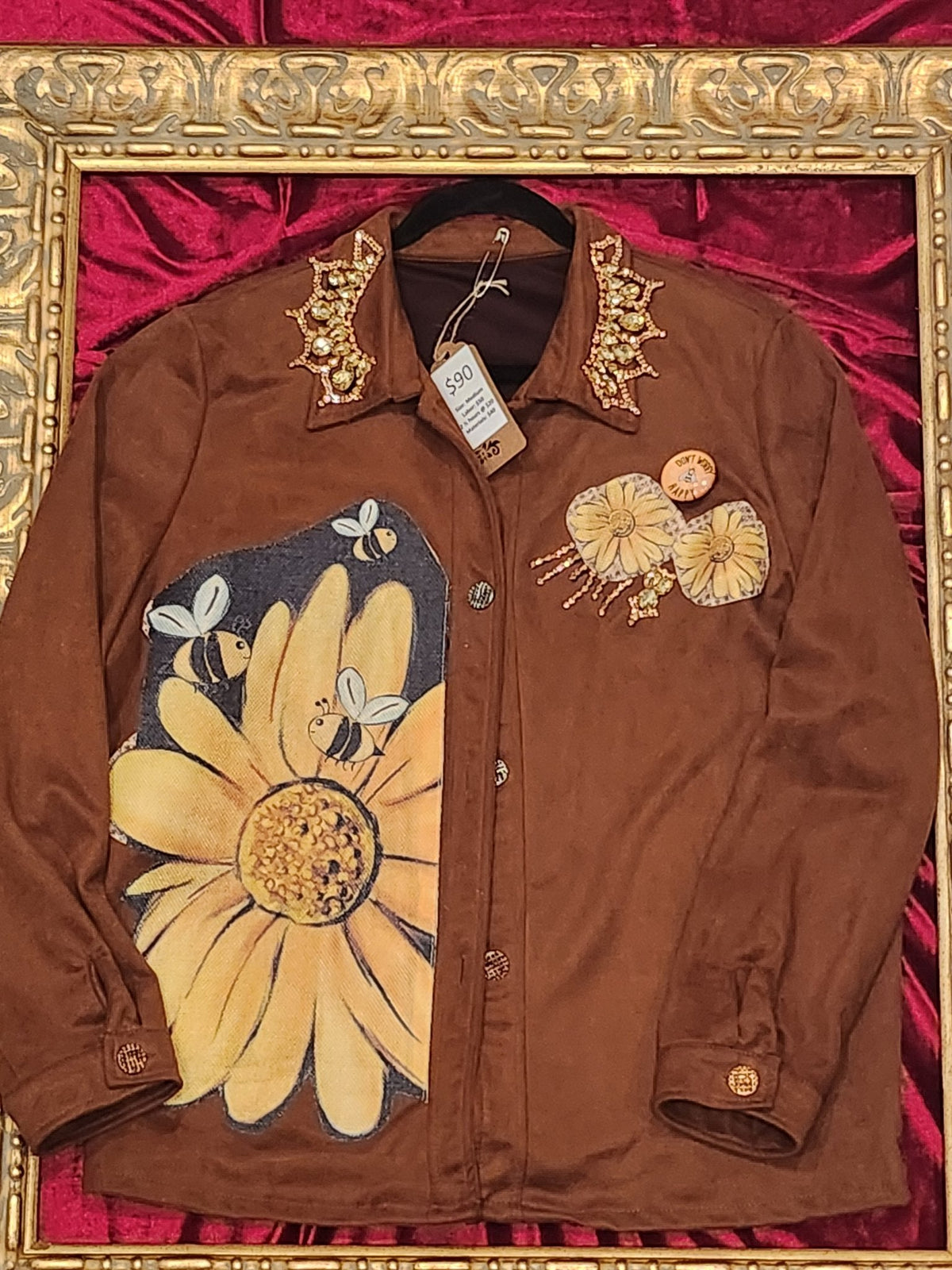 One-of-a-Kind Brown Bee & Sunflower Upcycled Blazer – Women’s Medium