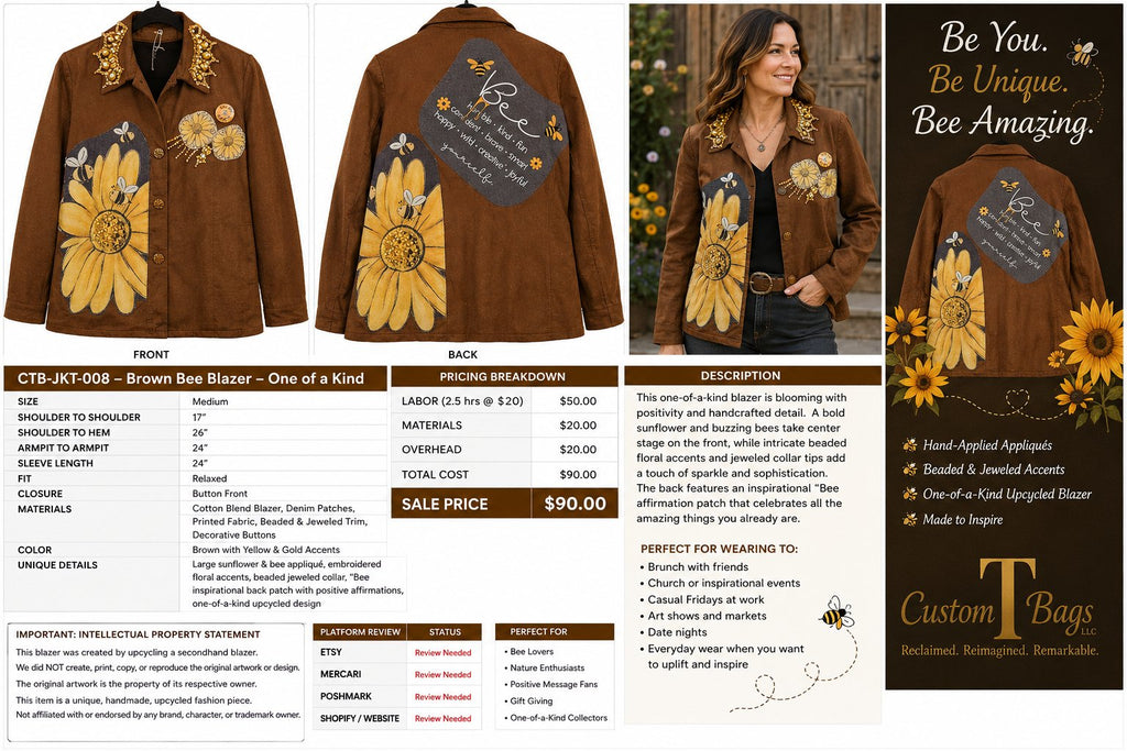 One-of-a-Kind Brown Bee & Sunflower Upcycled Blazer – Women’s Medium — styled image