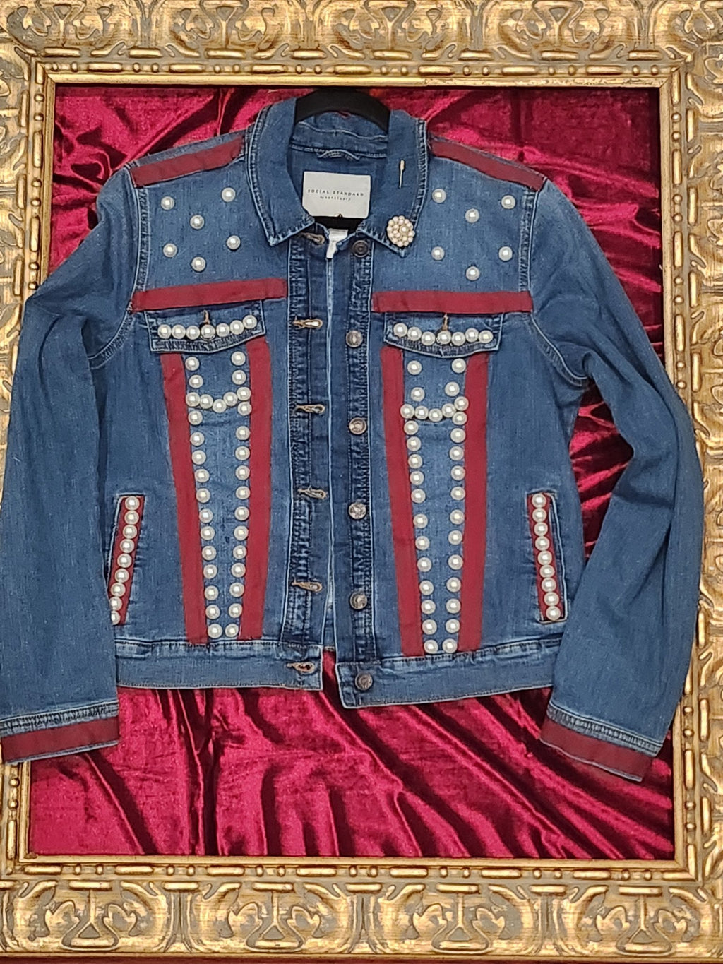 One-of-a-Kind Rock Band Pearl-Accent Upcycled Denim Jacket – Women’s Medium
