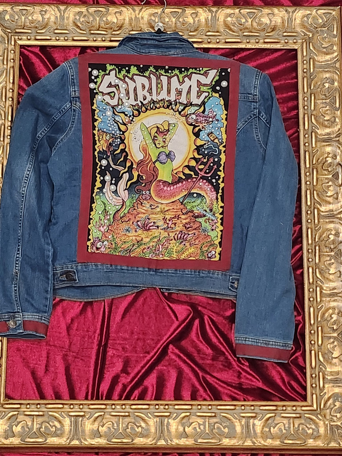 One-of-a-Kind Rock Band Pearl-Accent Upcycled Denim Jacket – Women’s Medium — additional view