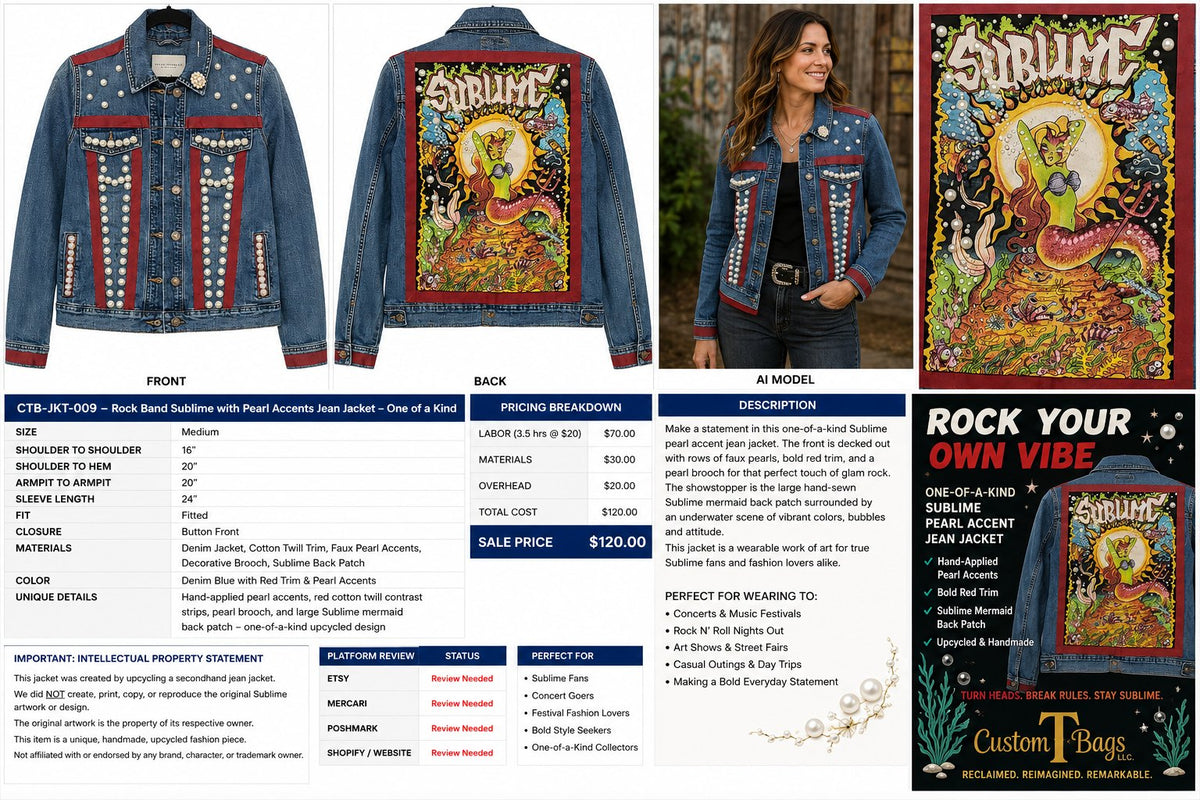 One-of-a-Kind Rock Band Pearl-Accent Upcycled Denim Jacket – Women’s Medium — styled image