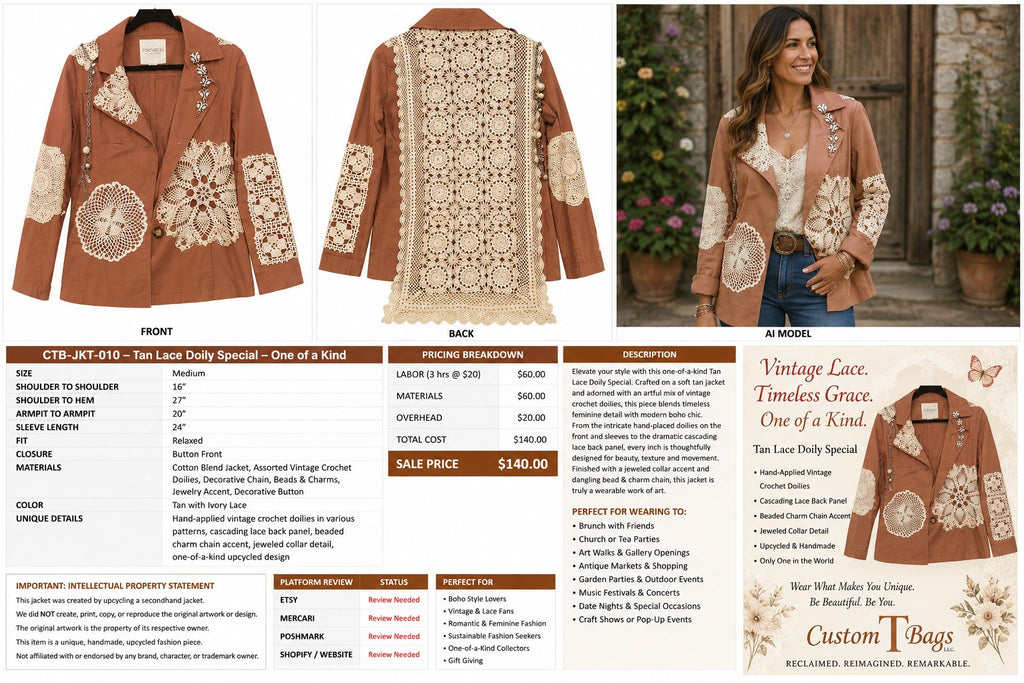 One-of-a-Kind Tan Vintage Lace & Doily Upcycled Blazer – Women’s Medium — styled image