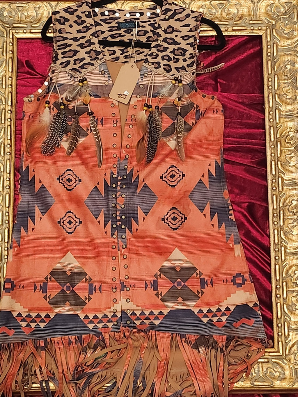 One-of-a-Kind Southwestern Feathered Long Vest – Women’s Small
